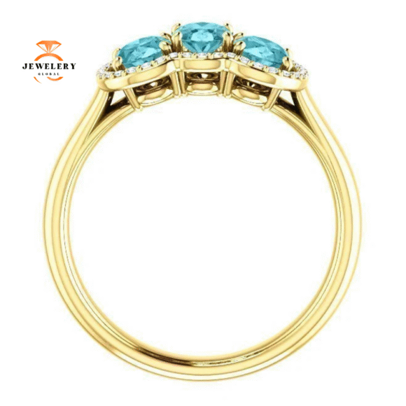 14KT GOLD 2.25 CTW BLUE ZIRCON & 0.10 CTW DIAMOND 3 STONE OVAL HALO RING - Image 13