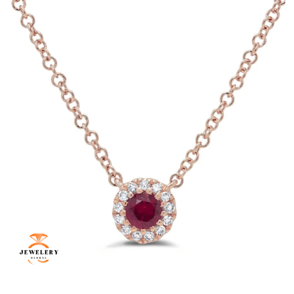14KT GOLD 0.14 CT RUBY & 0.04 CTW DIAMOND PETITE HALO NECKLACE - Image 5