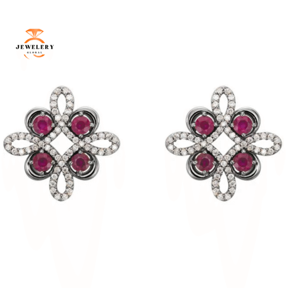 14KT GOLD RUBY & 1/4 CTW DIAMOND CLOVER EARRINGS - Image 4