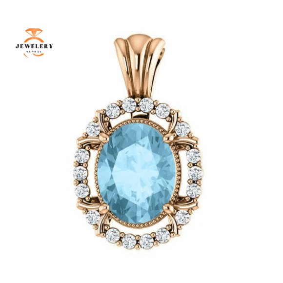 14KT GOLD 1.70 CT AQUAMARINE & .17 CTW DIAMOND OVAL HALO PENDANT - Image 7