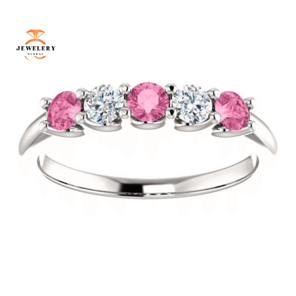 14KT GOLD 0.50 CTW PINK SAPPHIRE & 0.20 CTW DIAMOND 5 STONE BAND - Image 3