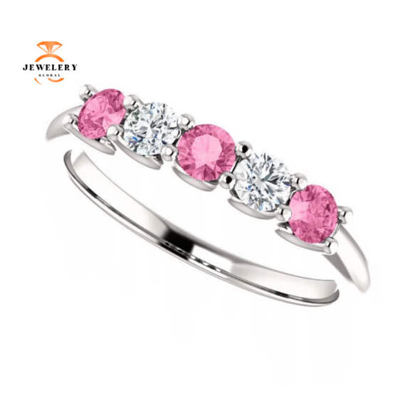 14KT GOLD 0.50 CTW PINK SAPPHIRE & 0.20 CTW DIAMOND 5 STONE BAND