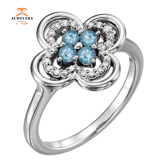 14KT GOLD 0.24 CTW AQUAMARINE & 0.10 CTW DIAMOND CLOVER RING