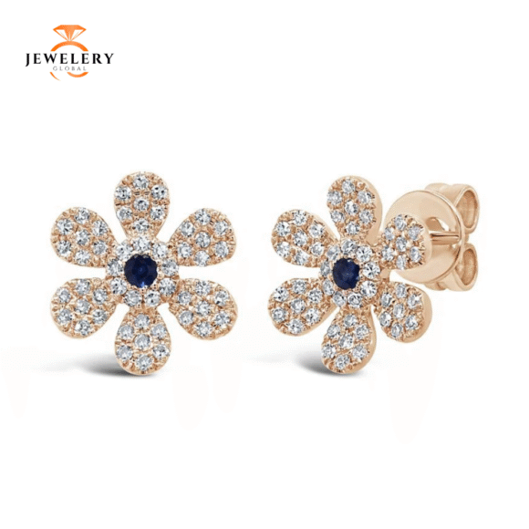 14KT GOLD .05 CTW BLUE SAPPHIRE & .24 CTW DIAMOND FLOWER EARRINGS - Image 2