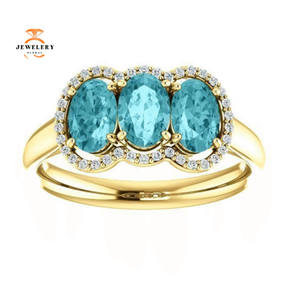 14KT GOLD 2.25 CTW BLUE ZIRCON & 0.10 CTW DIAMOND 3 STONE OVAL HALO RING - Image 14