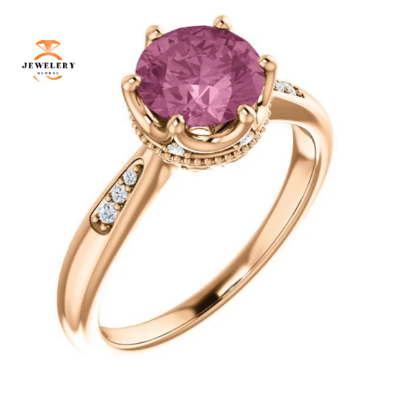 14KT GOLD BABY PINK PASSION TOPAZ & .06 CTW DIAMOND ACCENT RING