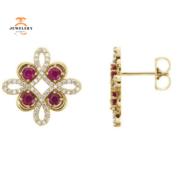 14KT GOLD RUBY & 1/4 CTW DIAMOND CLOVER EARRINGS - Image 5