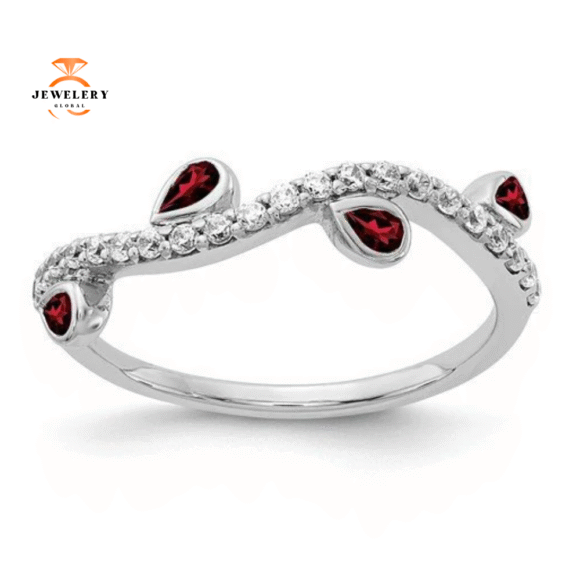 14KT WHITE GOLD .72 CTW GARNET & .21 CTW DIAMOND VINE RING