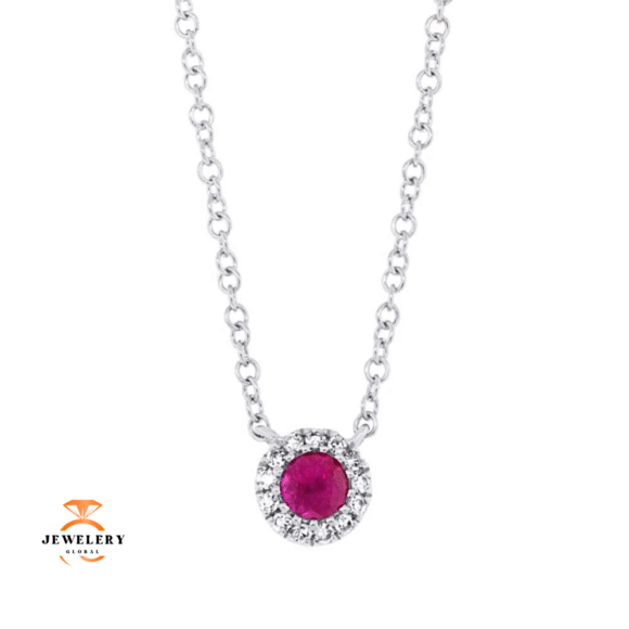 14KT GOLD 0.14 CT RUBY & 0.04 CTW DIAMOND PETITE HALO NECKLACE - Image 4