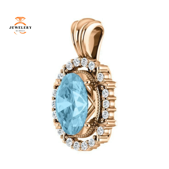 14KT GOLD 1.70 CT AQUAMARINE & .17 CTW DIAMOND OVAL HALO PENDANT - Image 8