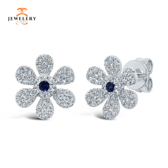 14KT GOLD .05 CTW BLUE SAPPHIRE & .24 CTW DIAMOND FLOWER EARRINGS - Image 3