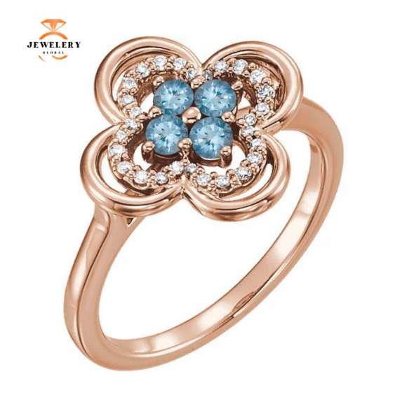 14KT GOLD 0.24 CTW AQUAMARINE & 0.10 CTW DIAMOND CLOVER RING - Image 3