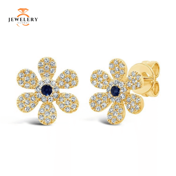 14KT GOLD .05 CTW BLUE SAPPHIRE & .24 CTW DIAMOND FLOWER EARRINGS