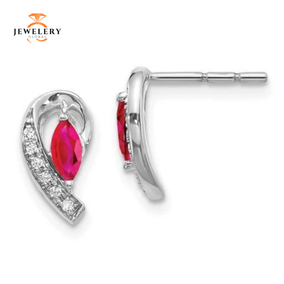 14KT GOLD .05 CTW DIAMOND & 0.33 CTW MARQUISE RUBY EARRINGS - Image 3