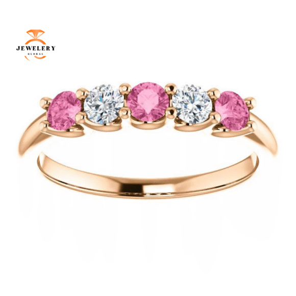 14KT GOLD 0.50 CTW PINK SAPPHIRE & 0.20 CTW DIAMOND 5 STONE BAND - Image 9