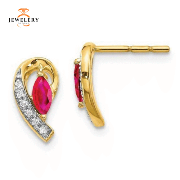 14KT GOLD .05 CTW DIAMOND & 0.33 CTW MARQUISE RUBY EARRINGS