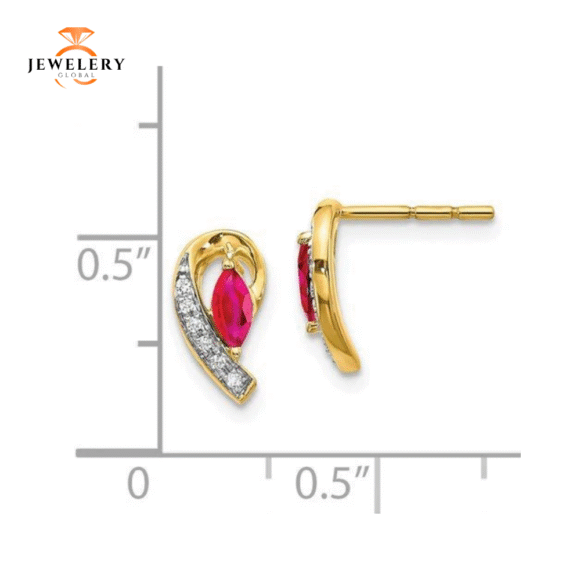 14KT GOLD .05 CTW DIAMOND & 0.33 CTW MARQUISE RUBY EARRINGS - Image 2