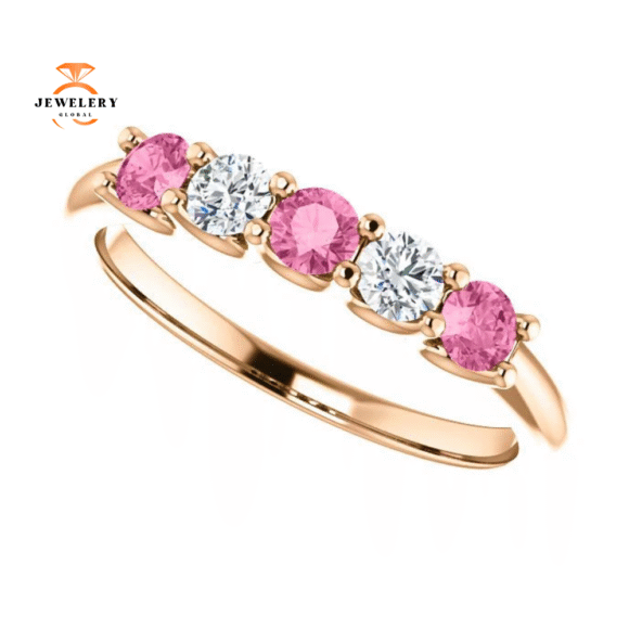14KT GOLD 0.50 CTW PINK SAPPHIRE & 0.20 CTW DIAMOND 5 STONE BAND - Image 7