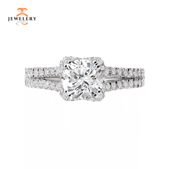 14KT 1/2 CTW Diamond Split V Shank Halo Setting For 1.50 CT Round