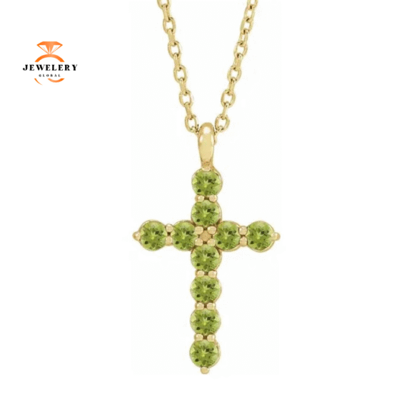 14KT GOLD 0.50 CTW ROUND PERIDOT CROSS NECKLACE - Image 2