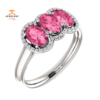 14KT GOLD 1.50 CTW PINK TOURMALINE & .10 CTW DIAMOND 3 STONE OVAL HALO RING