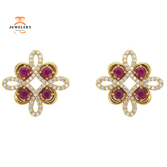 14KT GOLD RUBY & 1/4 CTW DIAMOND CLOVER EARRINGS - Image 6