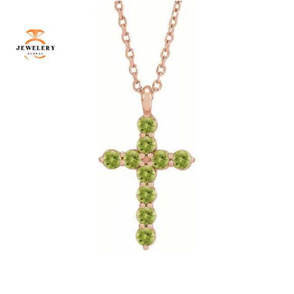 14KT GOLD 0.50 CTW ROUND PERIDOT CROSS NECKLACE - Image 3