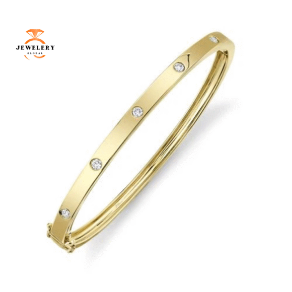14KT GOLD 0.38 CTW DIAMOND FLUSH SET 5 STONE BANGLE BRACELET - Image 4