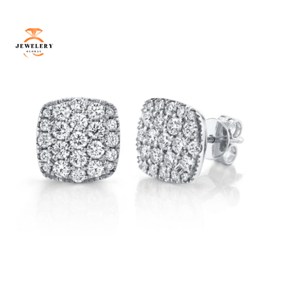 14KT GOLD 1.10 CTW DIAMOND PAVE CUSHION STUD EARRINGS