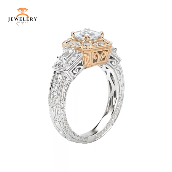 14KT 1/2 CTW DIAMOND SQUARE HALO VINTAGE SETTING FOR 1 CT PRINCESS - Image 4