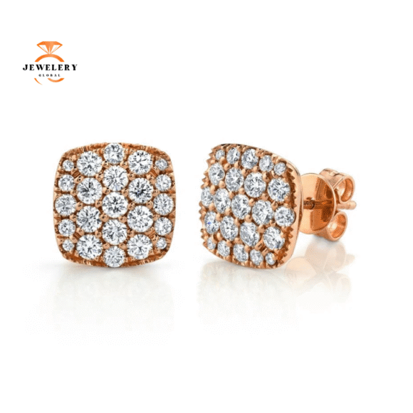 14KT GOLD 1.10 CTW DIAMOND PAVE CUSHION STUD EARRINGS - Image 3