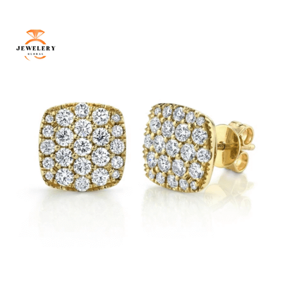 14KT GOLD 1.10 CTW DIAMOND PAVE CUSHION STUD EARRINGS - Image 2