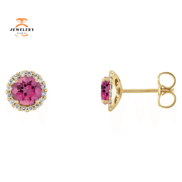 14KT GOLD 1.10 CTW PINK TOURMALINE & 1/6 CTW DIAMOND HALO EARRING