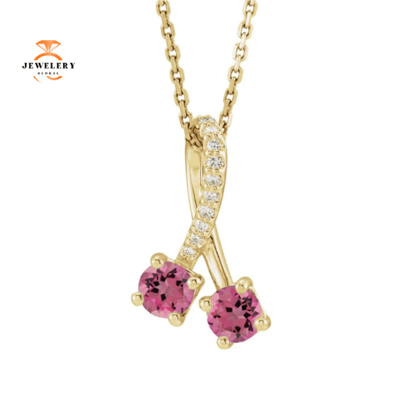 14KT GOLD 0.56 CTW PINK TOURMALINE & 1/5 CTW DIAMOND TWO STONE NECKLACE - Image 2