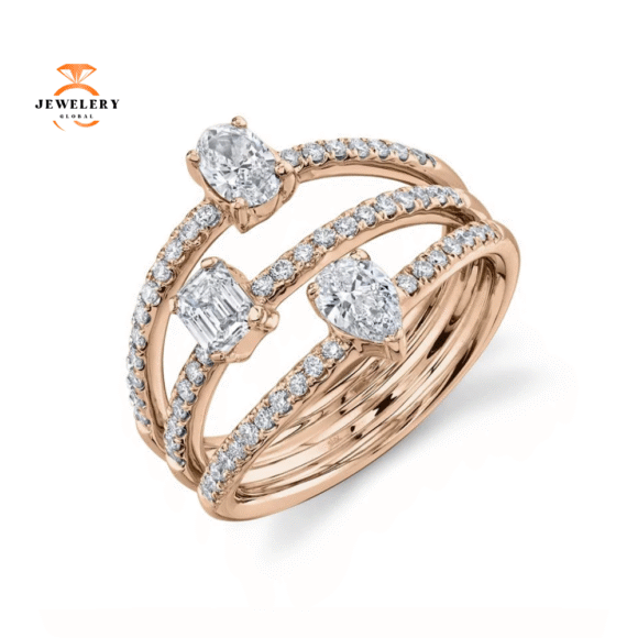 14KT Gold 1.24 CTW Multi-Shape Diamond 3 Row Ring - Image 2