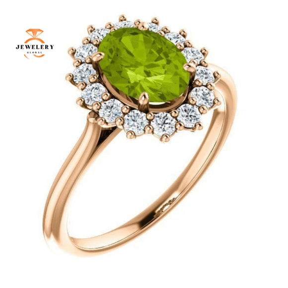 14KT GOLD PERIDOT & DIAMOND OVAL HALO RING