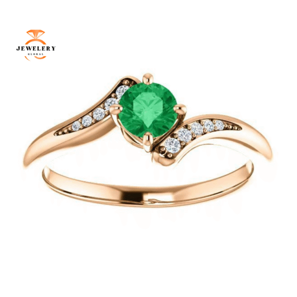 14KT GOLD ROUND EMERALD & DIAMOND RING
