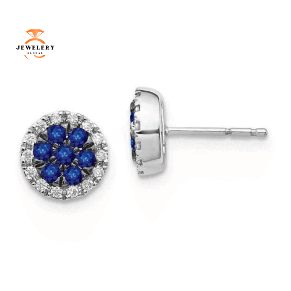 14KT WHITE GOLD .45 CTW SAPPHIRE & .14 CTW DIAMOND CLUSTER HALO EARRINGS