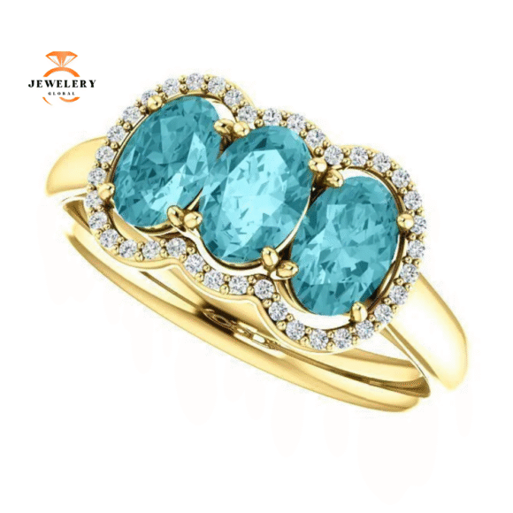 14KT GOLD 2.25 CTW BLUE ZIRCON & 0.10 CTW DIAMOND 3 STONE OVAL HALO RING - Image 16