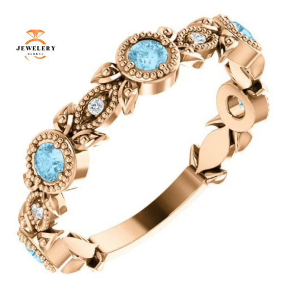 14KT GOLD 0.30 CTW AQUAMARINE & 0.03 CTW DIAMOND LEAF RING - Image 5