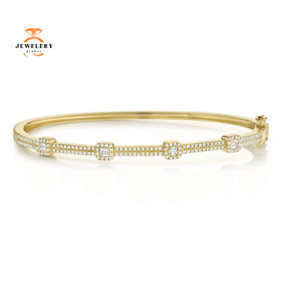 14KT GOLD 0.52 CTW DIAMOND 2-ROW HALO BANGLE BRACELET