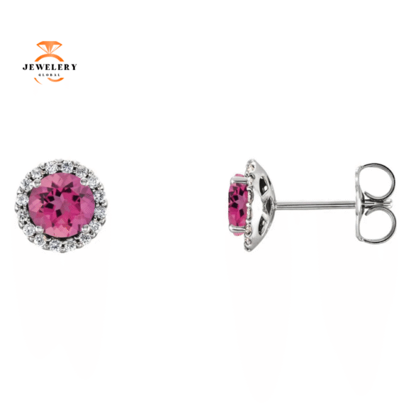 14KT GOLD 1.10 CTW PINK TOURMALINE & 1/6 CTW DIAMOND HALO EARRING - Image 3