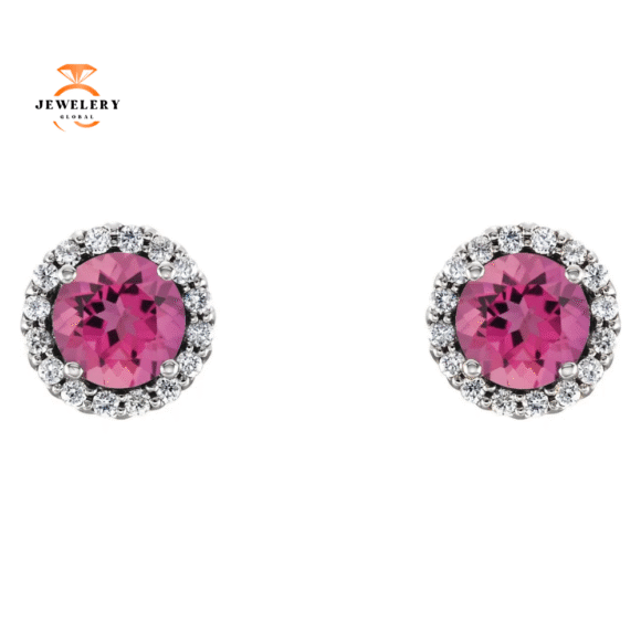14KT GOLD 1.10 CTW PINK TOURMALINE & 1/6 CTW DIAMOND HALO EARRING - Image 4