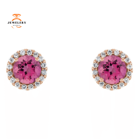 14KT GOLD 1.10 CTW PINK TOURMALINE & 1/6 CTW DIAMOND HALO EARRING - Image 6