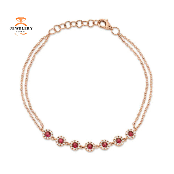 14KT GOLD 0.52 CTW RUBY & 0.21 CTW DIAMOND 2 STRAIN HALO BRACELET - Image 2