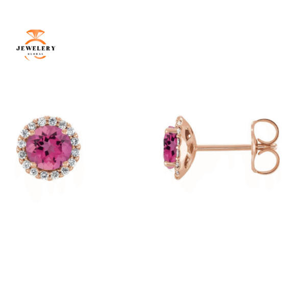 14KT GOLD 1.50 CTW PINK TOURMALINE & 1/8 CTW DIAMOND HALO EARRINGS