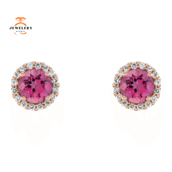 14KT GOLD 1.50 CTW PINK TOURMALINE & 1/8 CTW DIAMOND HALO EARRINGS - Image 2