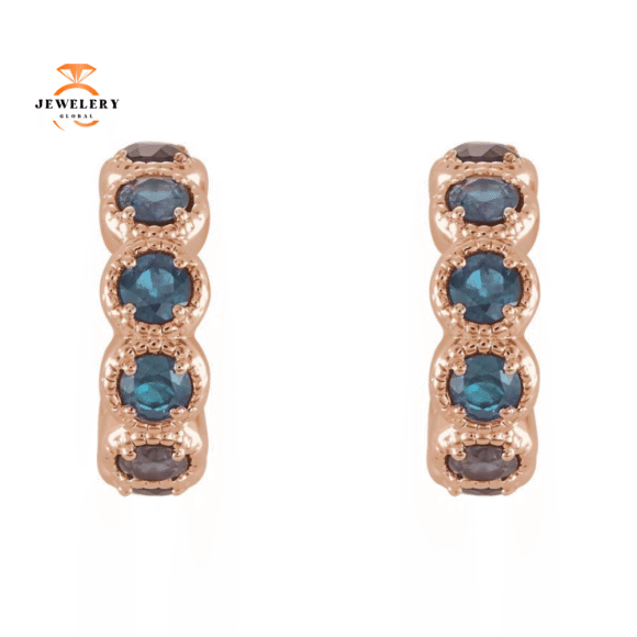 14KT GOLD 1.12 CTW AQUAMARINE J HOOP PETITE EARRINGS - Image 2