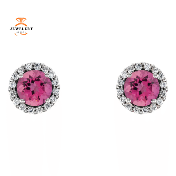 14KT GOLD 1.50 CTW PINK TOURMALINE & 1/8 CTW DIAMOND HALO EARRINGS - Image 6