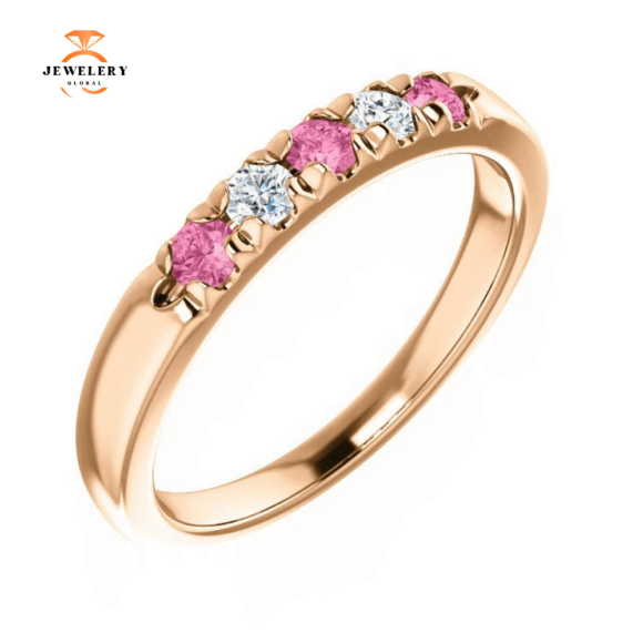 14KT GOLD 0.24 CTW PINK SAPPHIRE & 0.12 CTW DIAMOND FRENCH-SET 5 STONE BAND